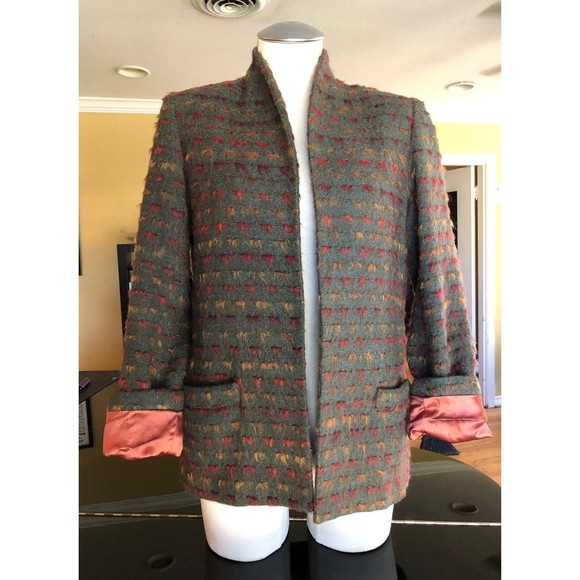 Vintage Elliot Lauren Open Front Textured Wool Blazer Jacket Brown Orange Silk - Picture 7 of 12